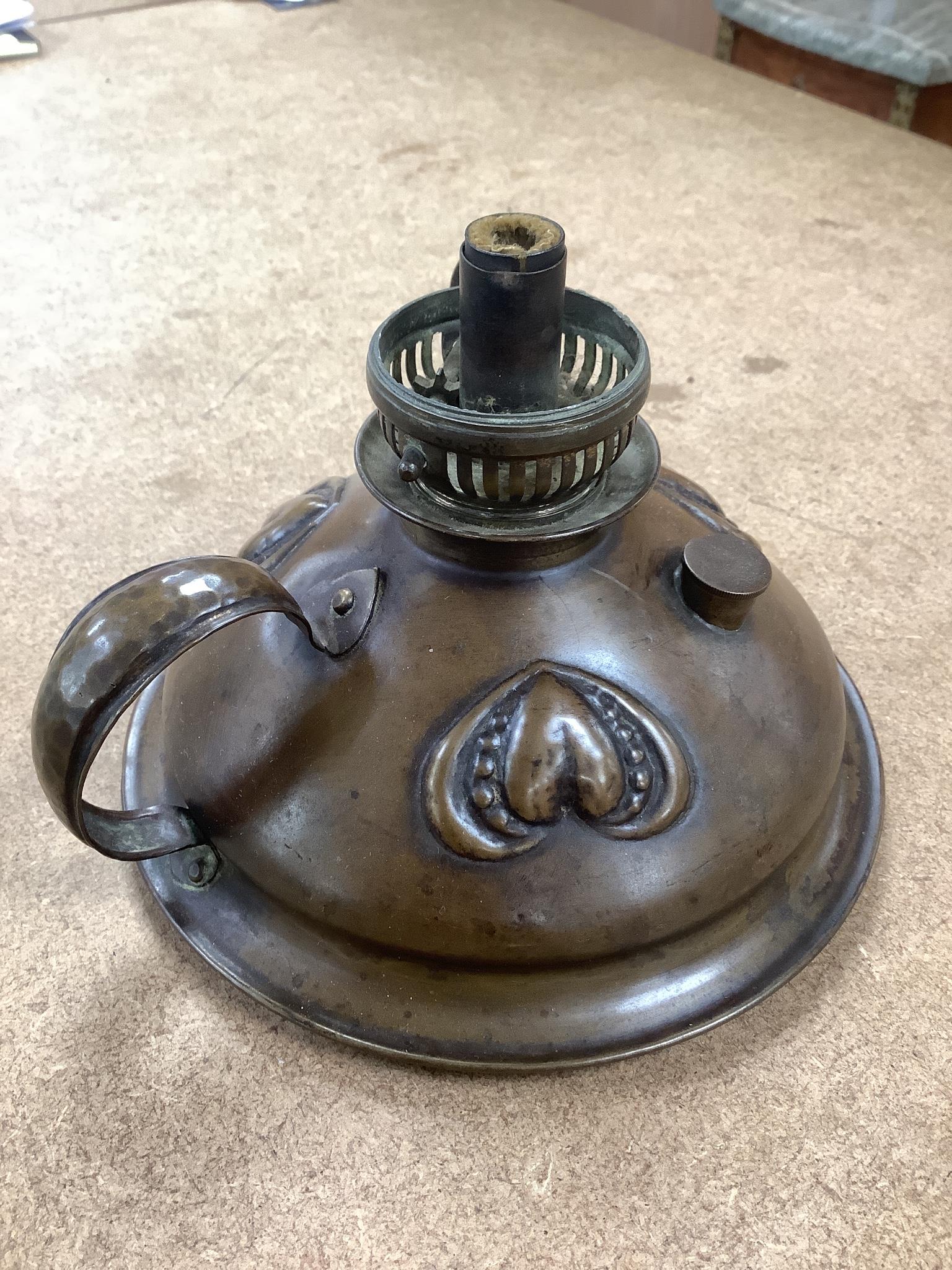 An unusual Victorian copper pie-mould, teak cased set of Bezique scorers, a brass link chain, a 19th century pewter pitcher, an Art Nouveau oil lamp, and two other items